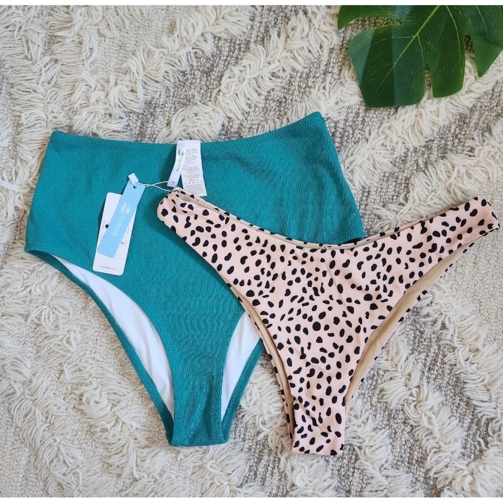NWT Cupshe Teal High Waisted & Zaful Leopard Bikini Bottoms Bundle Womens Medium
